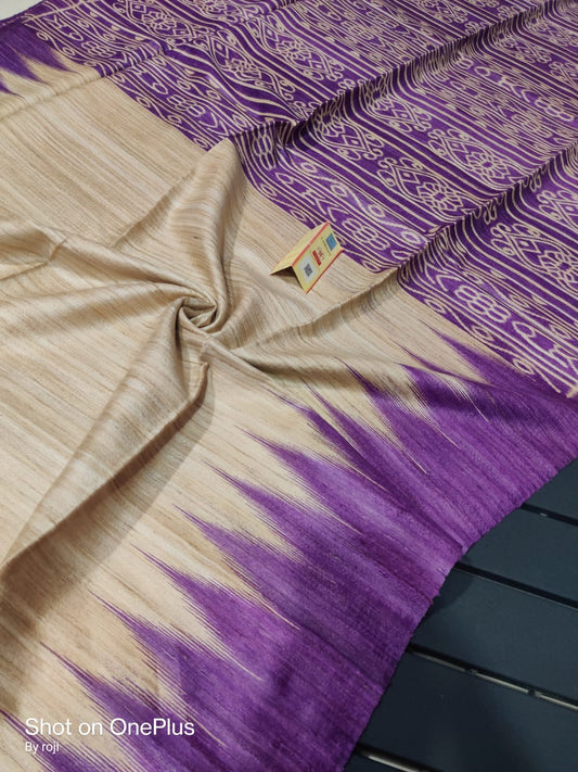 tussar gheecha screen printed saree with silk mark