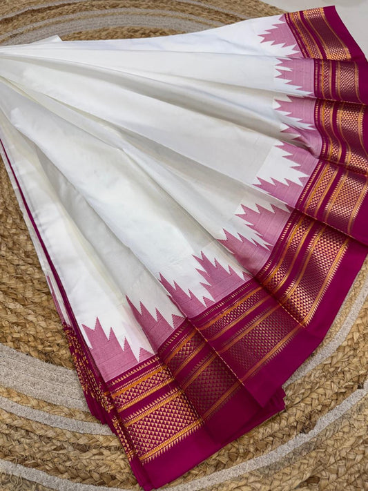 
*Big Temple Border Ilkal*

Exclusive silk ilkal saree 
Pure silk big temple border design superior quality ilkal saree
With contrast blouse 
6.10mtrs length 
Full body pure silk Border, pallu & blouse semi silk 