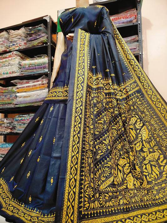 Traditional Shantiniketan hand Kanthastitch saree On 
Belendend bangalore silk Material 
With Kanthastitch Work Bp