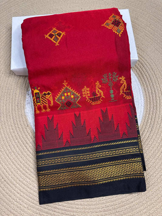 Material - Maserised cotton 
Border - Temple border, Chikki Paras
Saree Name -Tana warpa kasuti saree 
Pallu -Ilkal pallu
Blouse -contrast
Handloom -no
Saree length- 6.2