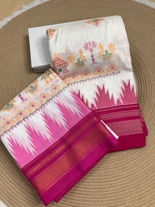 Material - Maserised cotton 
Border - Temple border, Chikki Paras
Saree Name -Tana warpa kasuti saree 
Pallu -Ilkal pallu
Blouse -contrast
Handloom -no
Saree length- 6.2