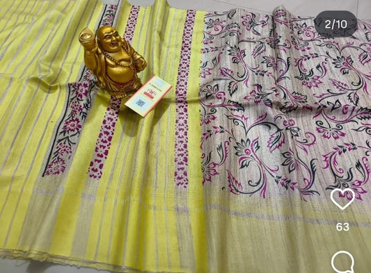 Screen print on gheecha tussar saree with silk mark