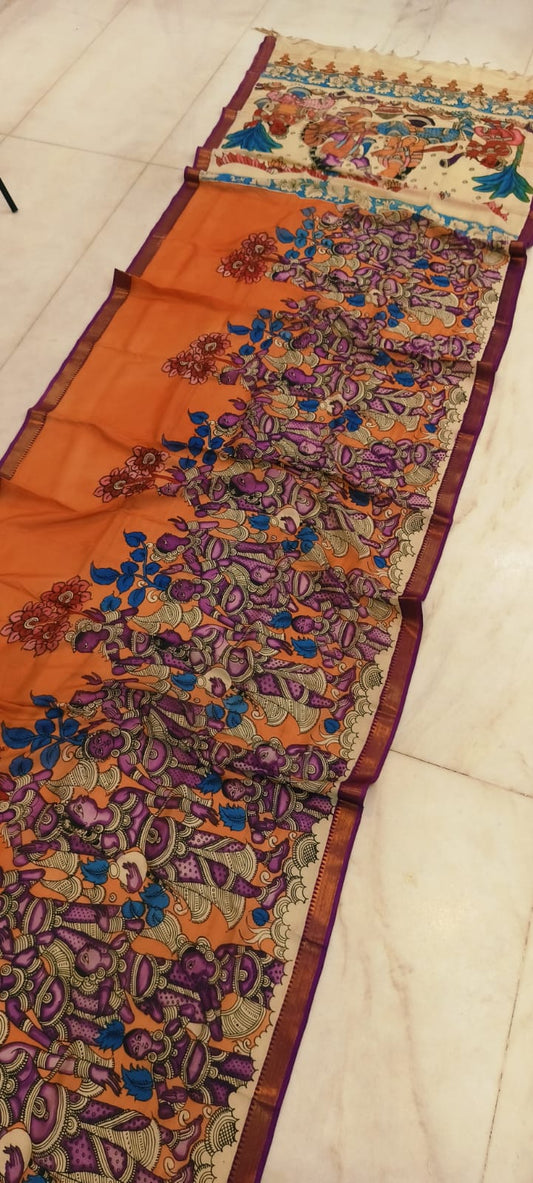 *Mangagiri silk sarees*
*Pen kalamkari sarees* 
*Hand drawn hand painted sarees* 
🌺🌺🌺🌺🌺🌺🌺
*Length 6.5 mtr*
*Width 44 inch*