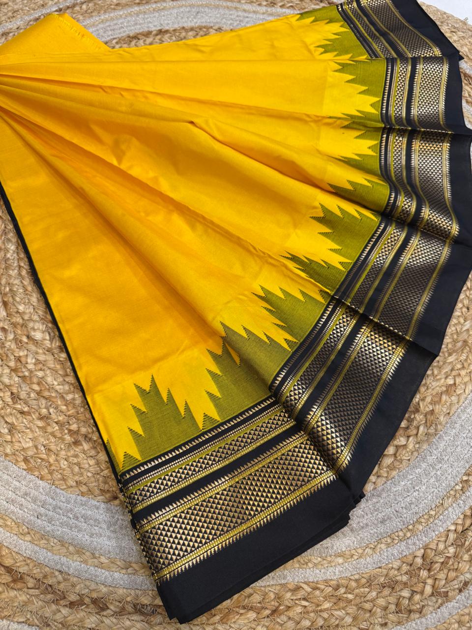 
*Big Temple Border Ilkal*

Exclusive silk ilkal saree 
Pure silk big temple border design superior quality ilkal saree
With contrast blouse 
6.10mtrs length 
Full body pure silk Border, pallu & blouse semi silk 