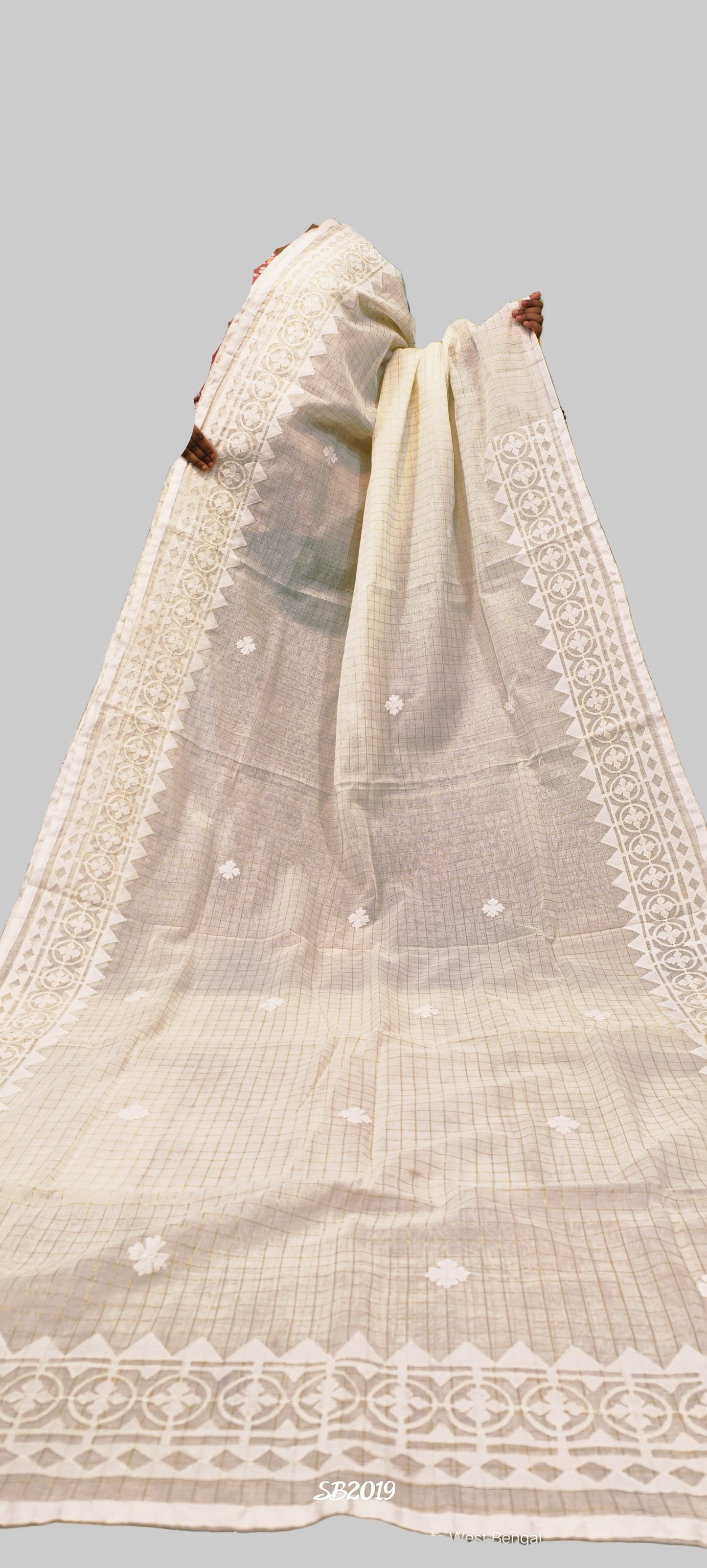 White saree with intricate patterns with a colorful background.