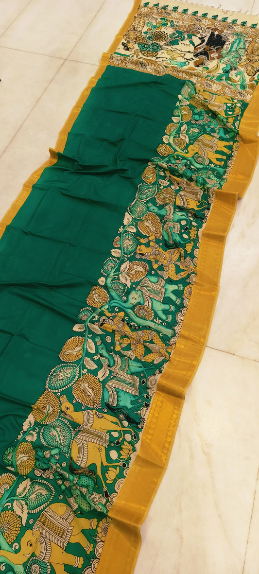 *Mangagiri silk sarees*
*Pen kalamkari sarees* 
*Hand drawn hand painted sarees* 
🌺🌺🌺🌺🌺🌺🌺
*Length 6.5 mtr*
*Width 44 inch*