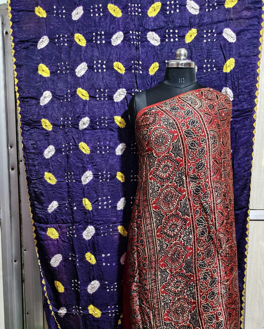 ✨ Pure Modal Silk Ajrakh Shibori saree✨*

*🌸 Premium Natural Dye Ajrakh Hand Block Print with Shibori hand bandhej saree*

*👗 Fabric Details*:

• *saree 6.50 miter . Full cut*..

*⭐ Highlights*

• 100% Premium Quality

• Natural Dye

• Authentic Ajrakh Hand Block Print

• Elegant Shibori Design

• Soft, Comfortable & Rich Finish