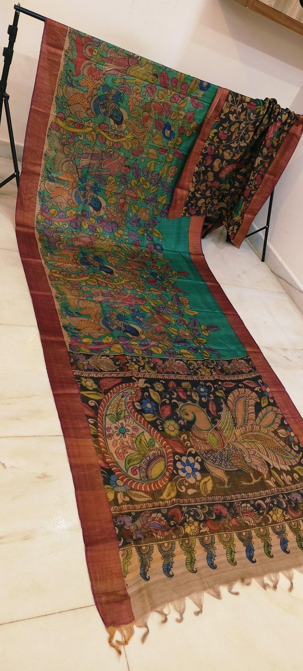 Pen kalamkari on tussar silk
pure desi tussar silk hand painted saree
