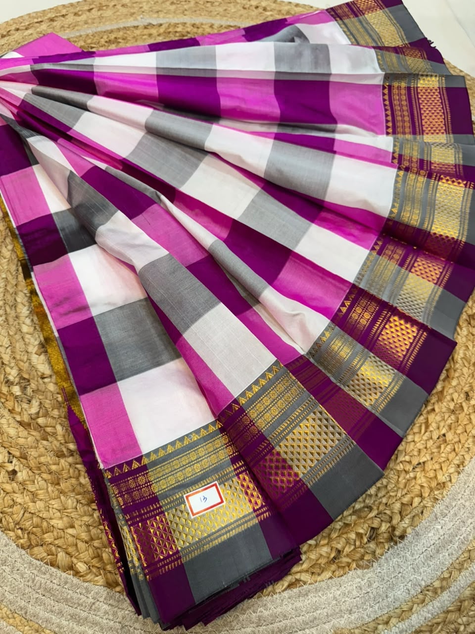 *ILKAL SAREE WITH SILK MARK* 

Exclusive premium quality pure silk Multi colour checks with zari lines design ilkal saree With Fancy Temple design Jari Pallu and contrast blouse 
6.10mtrs length 
Premium quality ilkal saree 
