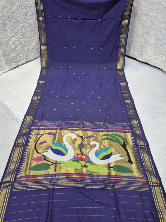 Yeola cotton paithani*
Pure cotton 
Handloom saree
Traditional Narali border 
Running blouse 
Shoulder butta 
