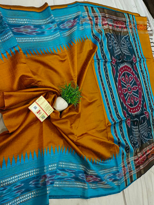 *Pure raw silk handloom Ikkat and vidarbha temple border saree with contrast blouse*
Pure raw silk saree
Silk mark certified
Handloom made
Best quality