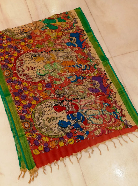 *Mangagiri silk duppatas* 
*Pen kalamkari* 
*Hand drawn hand painted* 
*Length 2.25 mtr*
*Width: 36 inch* 
