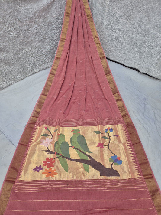 *Yeola cotton paithani*
Pure cotton 
Handloom saree
Patta border 
Running blouse 
Shoulder butta 
