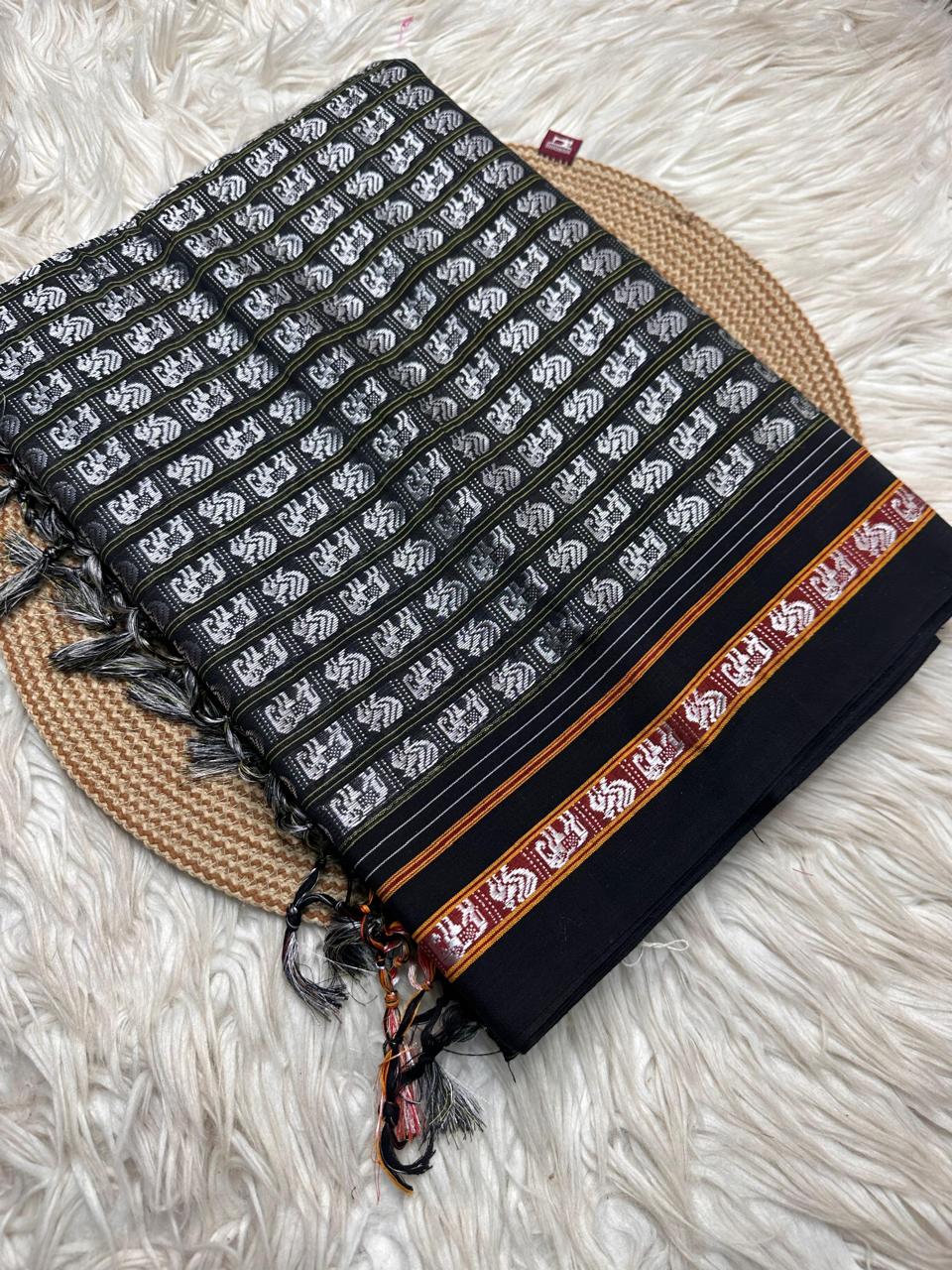 Material - viscos by cotton 
Border - fancy culture border
Saree Name -Khana  saree
Pallu -super tassel 
Blouse -running
Handloom -no
Saree length- 5.8 to 6 mitre
 These are powerloom Khana sarees with 72% cotton and 28% art cotton and rayon. All the sarees are with beautiful tassels.
