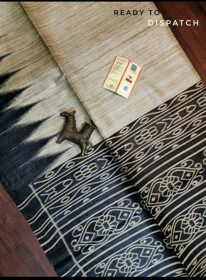 Pure tussar ghicha temple border ikkat print silk handloom saree with blouse pc.
Silk mark tag 
