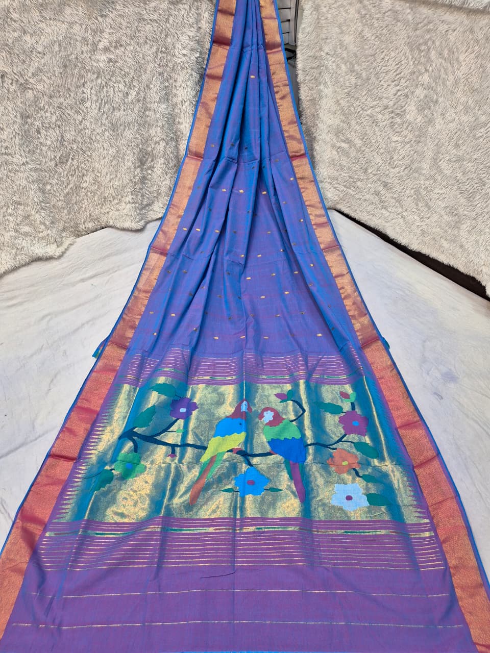 *Yeola cotton paithani*
Pure cotton 
Handloom saree
Patta border 
Running blouse 
Shoulder butta 