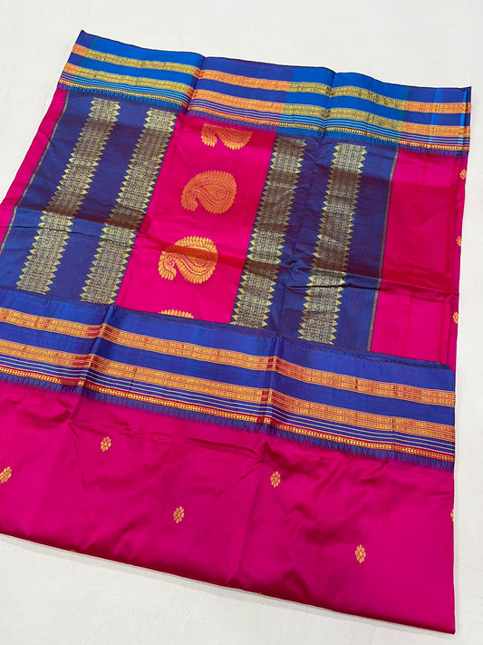 *Narayanpeth silk saree*
Running blouse 
Shoulder butti 
Pure silk
*Price: 6300/- + ship*