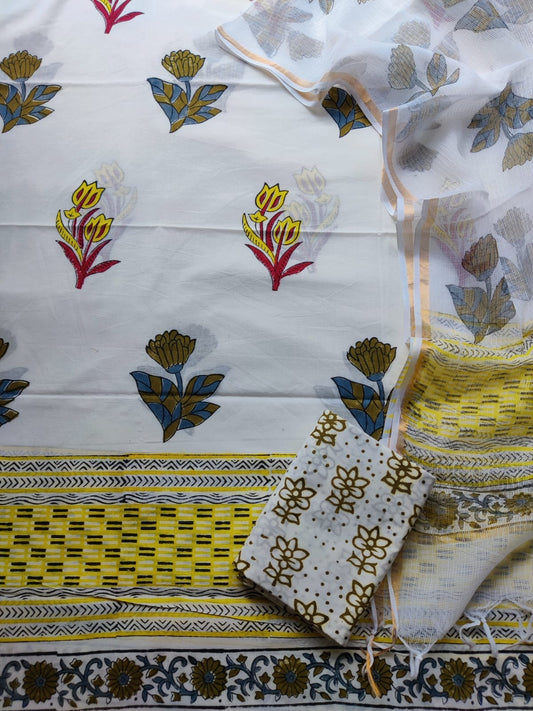 Block printed cotton suit with kota doriya duppta 
Top @ bottom *cotton*
Duptta  *kota doriya*
