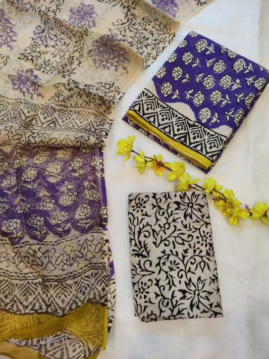 Now new arrivals 

Block printed cotton suit with kota doriya duppta 

Top @ bottom *cotton*
Duptta  *kota doriya*