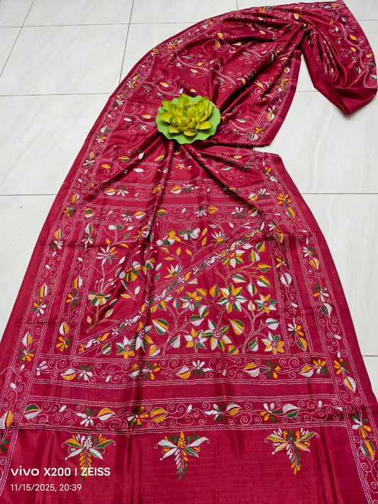Kajalma |  Blended silk saree with Kantha Embroidery