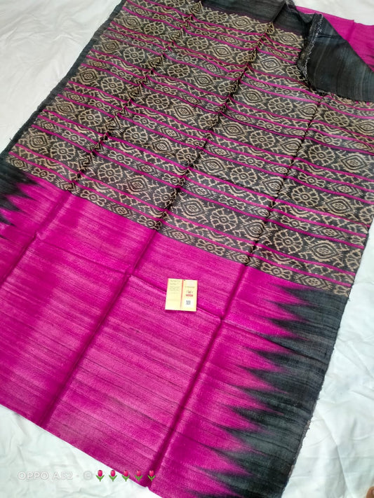 Pure tussar ghicha temple border ikkat print silk handloom saree with blouse pc.
Silk mark tag 
