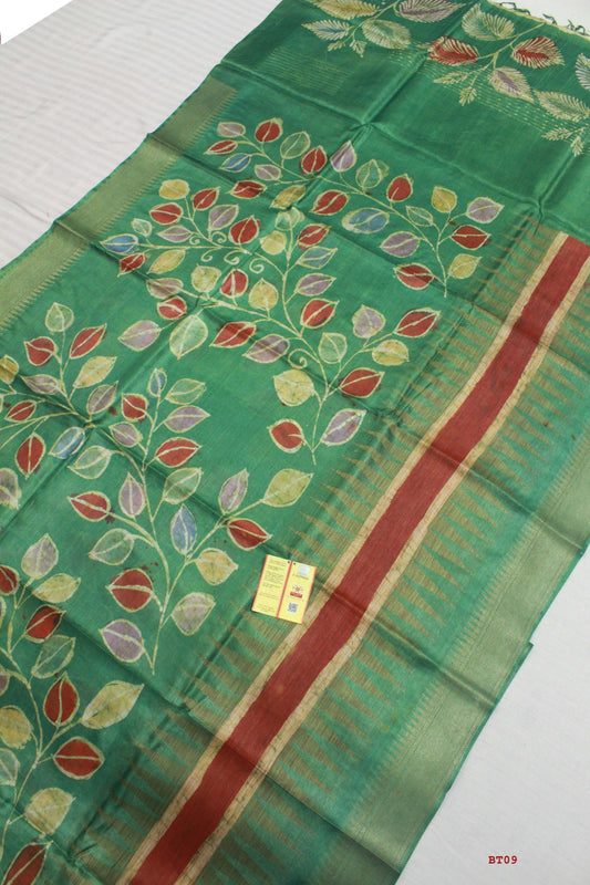 👆Pure Kosa Silk, Hand-batik Print Saree With Blouse Piece