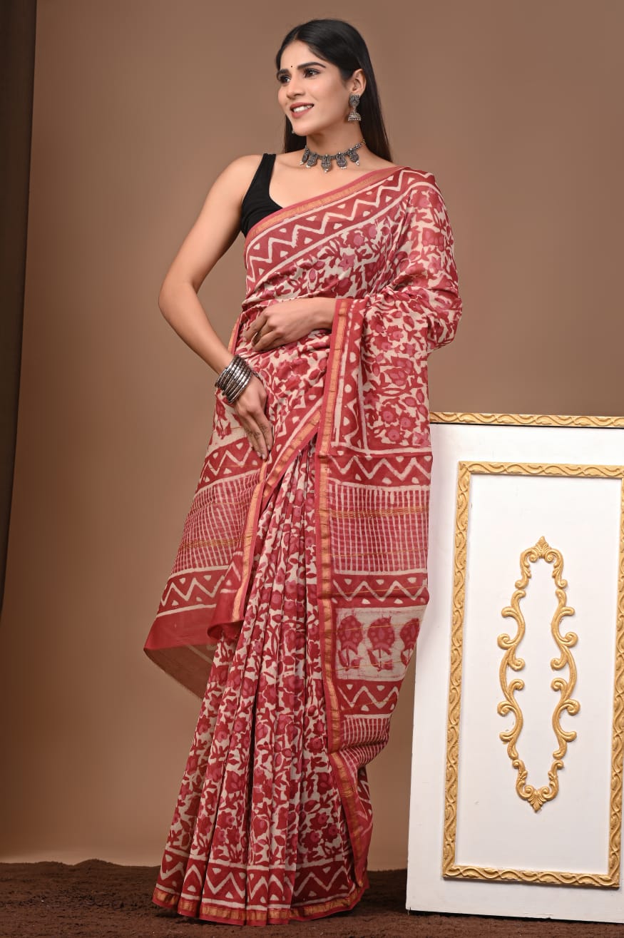 Chanderi silk sarees traditional collection
Hand block printed chanderi silk Sarees with blouse
Natural dye n color
Super quality:,fine fabric:,
Size- 6.5 