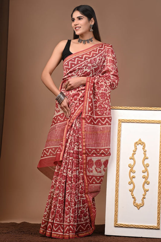 Chanderi silk sarees traditional collection
Hand block printed chanderi silk Sarees with blouse
Natural dye n color
Super quality:,fine fabric:,
Size- 6.5 