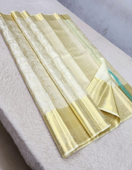 *100% PURE  KANCHIPURAM HANDWOVEN PREMIUM QUALITY 2G BRIDAL SILK SAREES*

*2 GRAM GOLD PURE ZARI WEAVING*
*SILK MARK CERTIFICATE ATTACHED*


CREAM COLOUR EXCLUSIVE SILK SAREES WEAVING