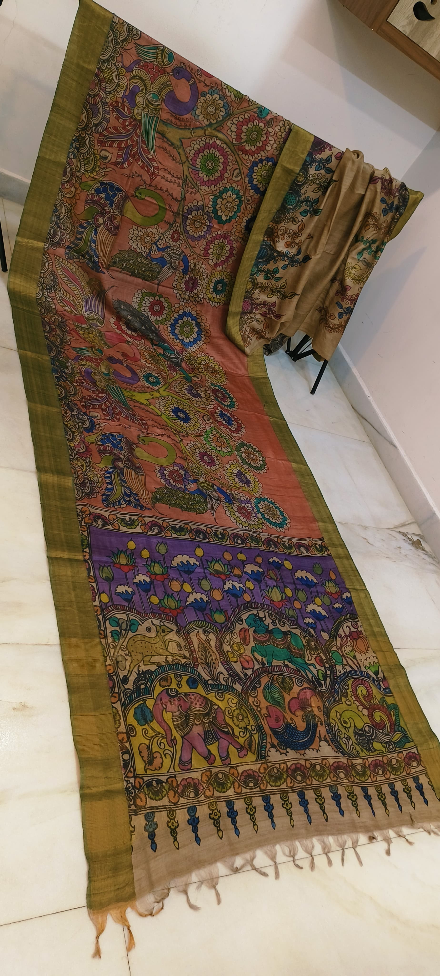 Pen kalamkari on tussar silk
pure desi tussar silk hand painted saree