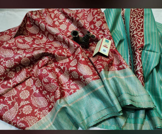 Screen print on gheecha tussar saree with silk mark