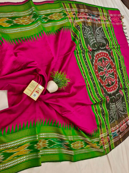 *Pure raw silk handloom Ikkat and vidarbha temple border saree with contrast blouse*
Pure raw silk saree
Silk mark certified
Handloom made
Best quality