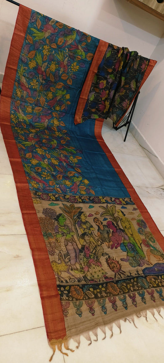 Pen kalamkari on tussar silk
pure desi tussar silk hand painted saree