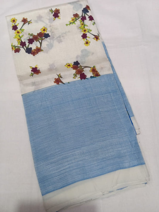Hand woven mangalagiri (LT) 3D silk cotton screen print sarees without zari border 
Blouse : 80 cm contrast 