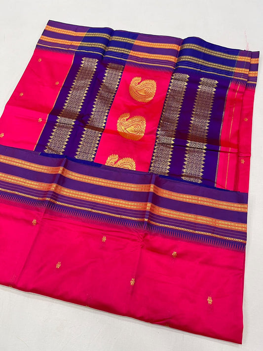 *Narayanpeth silk saree*
Running blouse 
Shoulder butti 
Pure silk
*Price: 6300/- + ship*