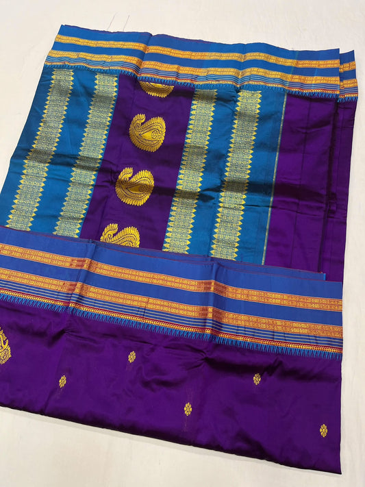 *Narayanpeth silk saree*
Running blouse 
Shoulder butti 
Pure silk
*Price: 6300/- + ship*