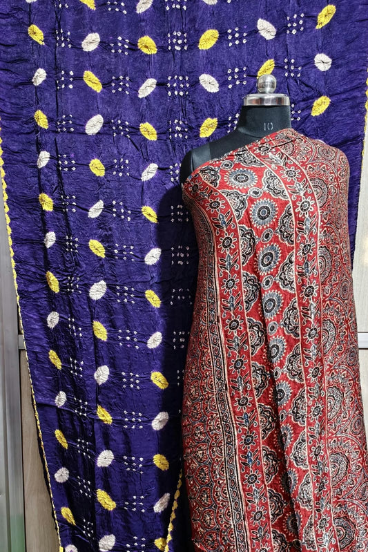 ✨ Pure Modal Silk Ajrakh Shibori saree✨*

*🌸 Premium Natural Dye Ajrakh Hand Block Print with Shibori hand bandhej saree*

*👗 Fabric Details*:

• *saree 6.50 miter . Full cut*..

*⭐ Highlights*

• 100% Premium Quality

• Natural Dye

• Authentic Ajrakh Hand Block Print

• Elegant Shibori Design

• Soft, Comfortable & Rich Finish