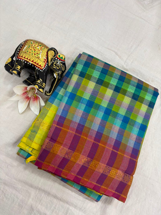 *Pure Mangalagiri Cotton Sarees*

*Saree Allover Multi Colour Checks*

*Pallu and Blouse Contrast*