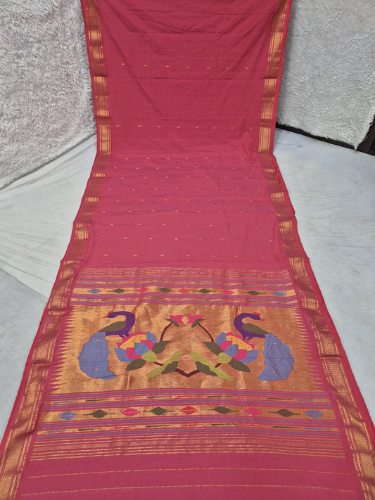 Yeola cotton paithani*
Pure cotton 
Handloom saree
Traditional Narali border 
Running blouse 
Shoulder butta 