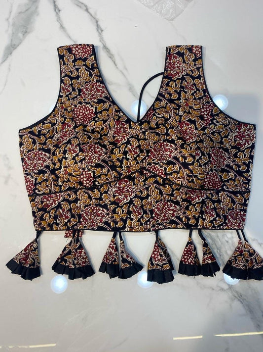 Black | Ajrakh Block Print Blouses With Tassels