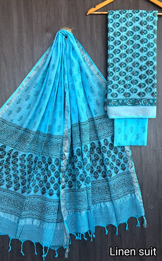 Freida | Hand Block Printed Linen Suit Set with Linen Cotton Dupatta