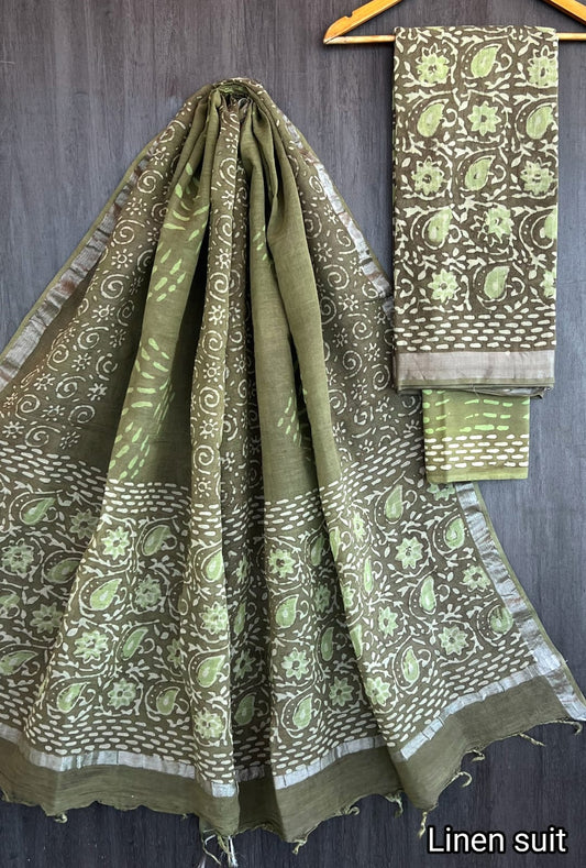 Gayatri | Hand Block Printed Linen Suit Set with Linen Cotton Dupatta