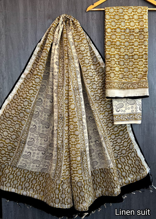 Honey | Hand Block Printed Linen Suit Set with Linen Cotton Dupatta