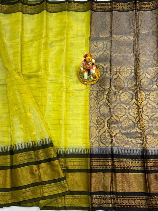 Aatmaja | Mangalagiri Tissue Checks Butta With Gadwal Border Sarees In Yellow Color