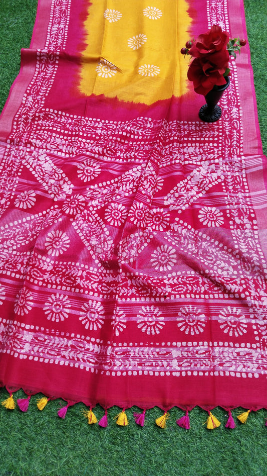 Ojal | Crafted Linen Batik Print Saree