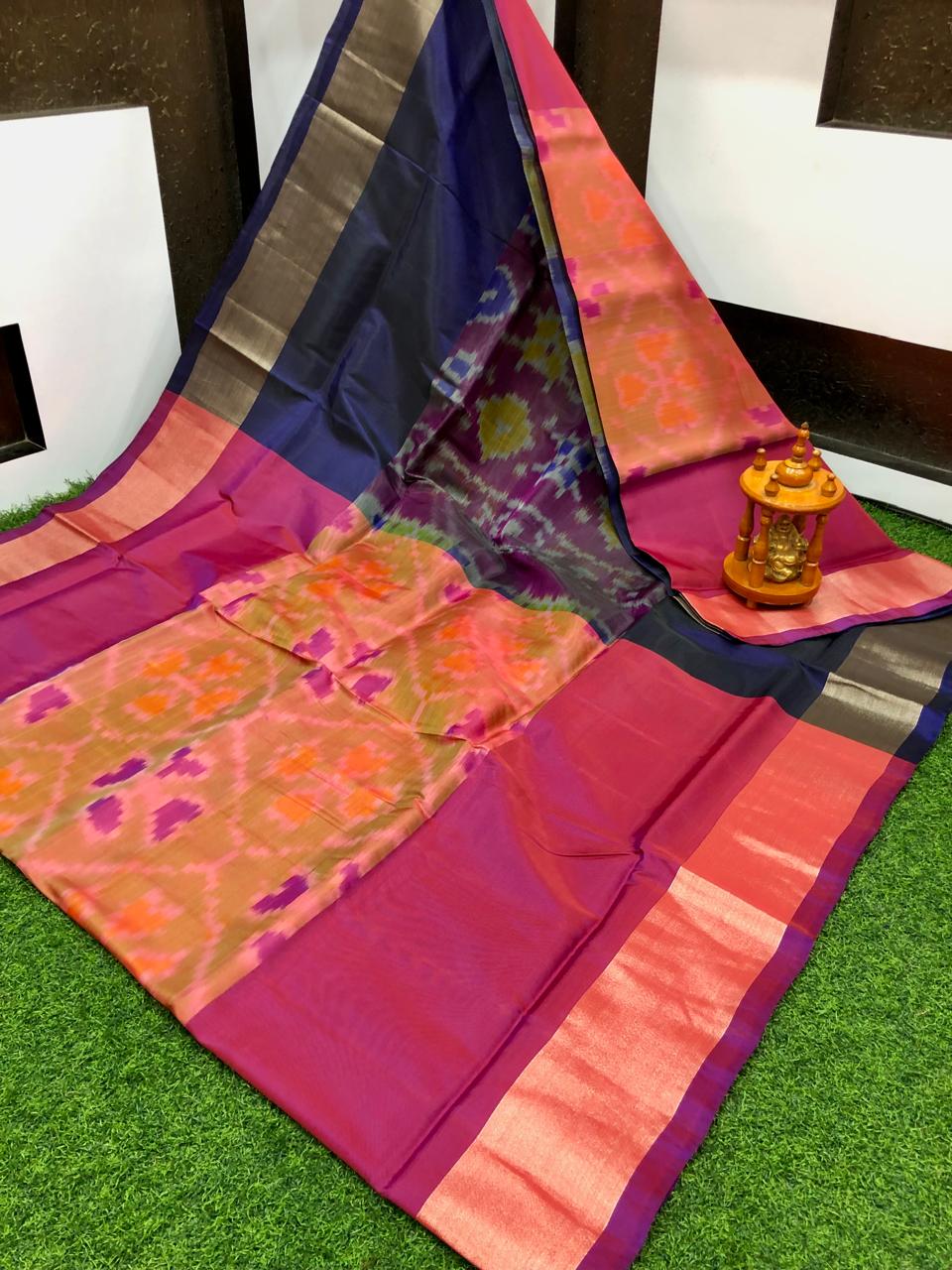 Saira | ikat design silk sarees - dark pink & midnightblue