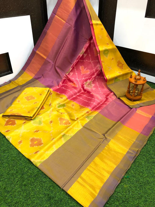 Saira | ikat design silk sarees - yellow &  indianred