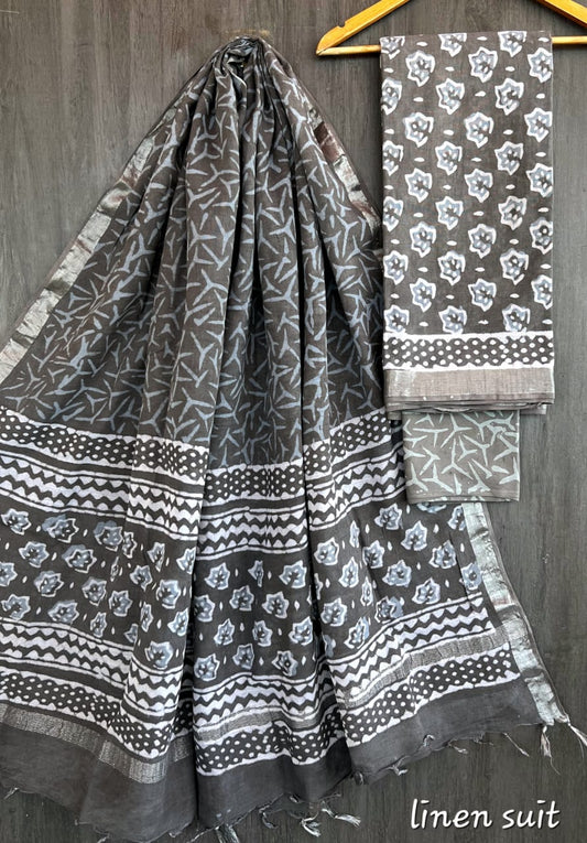 Iravati | Hand Block Printed Linen Suit Set with Linen Cotton Dupatta