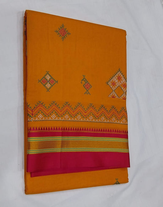 Gul | Karnataka Kasuti work cotton saree in Goldenrod color