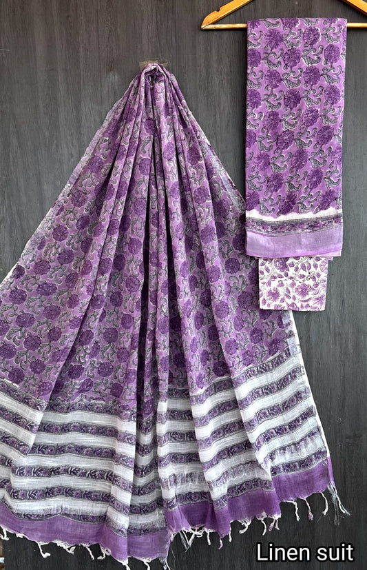 Devayani | Hand Block Printed Linen Suit Set with Linen Cotton Dupatta